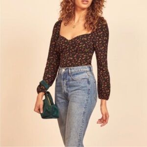 Reformation Black Floral Sweetheart Long-Sleeve Top